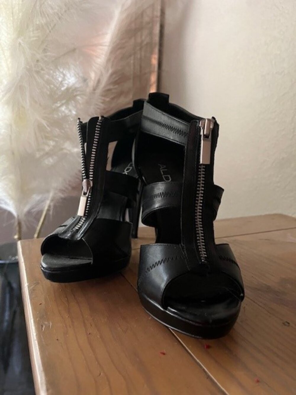 ALDO Black Peep-Toe Zipper Front Sandals – 4.5” Heel